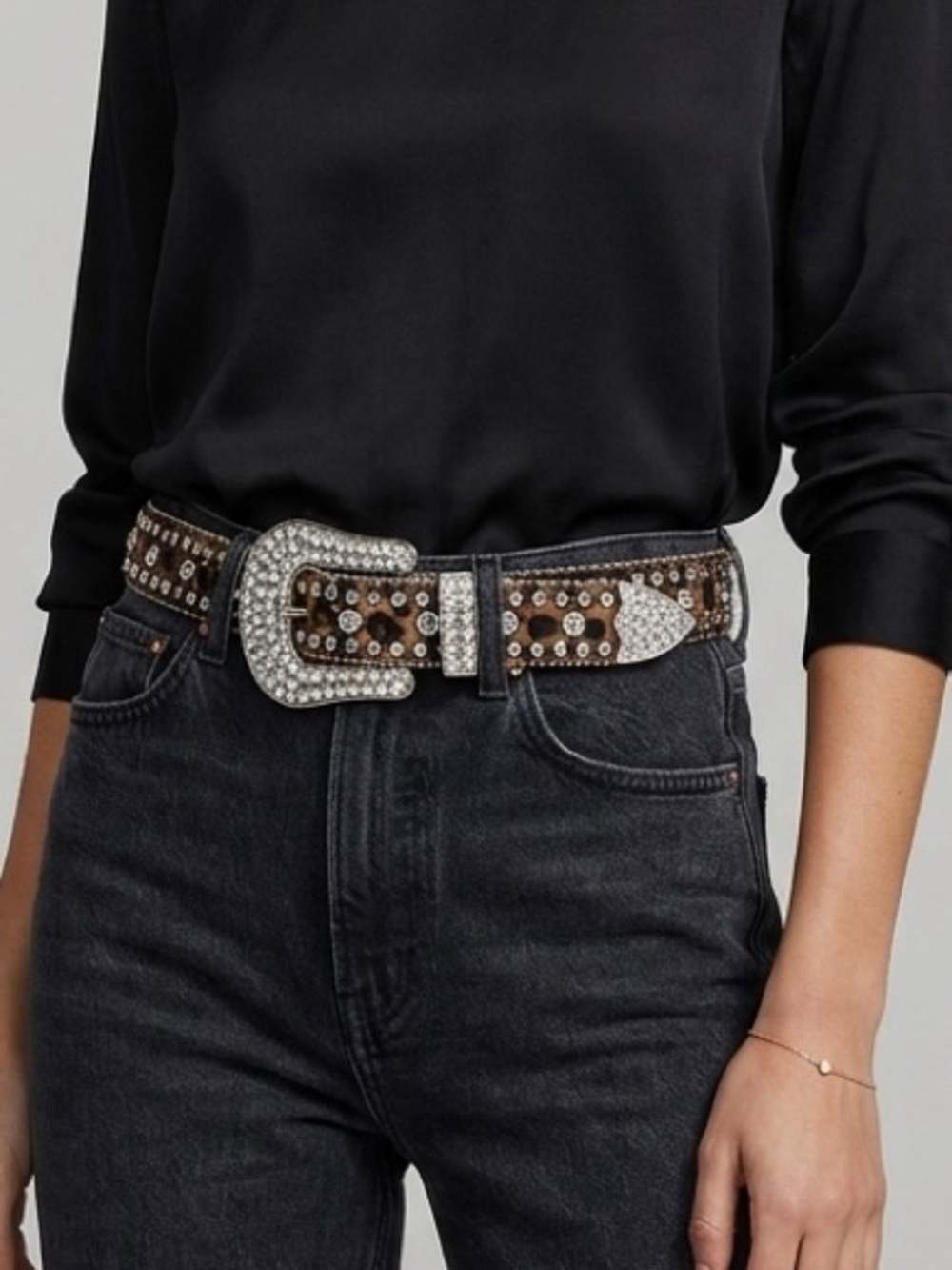 Animal Print Faux Fur Studded Rhinestone Belt - Large, 33.5 - 38.5" Waist